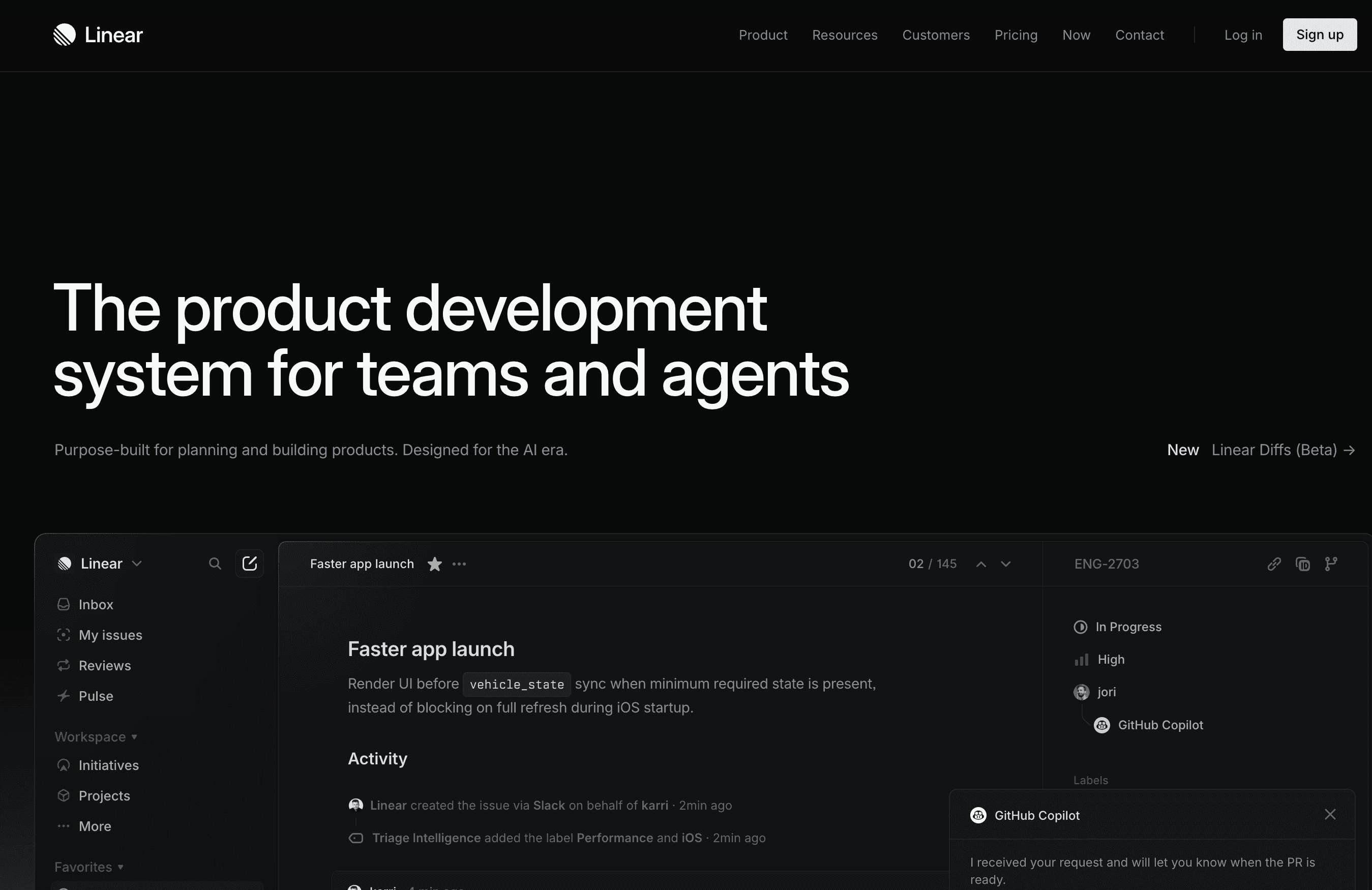 Linear landing page hero example
