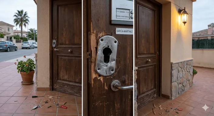 Cerradura de vivienda forzada en Murcia, un caso claro de robo con fuerza cubierto por el seguro de hogar.