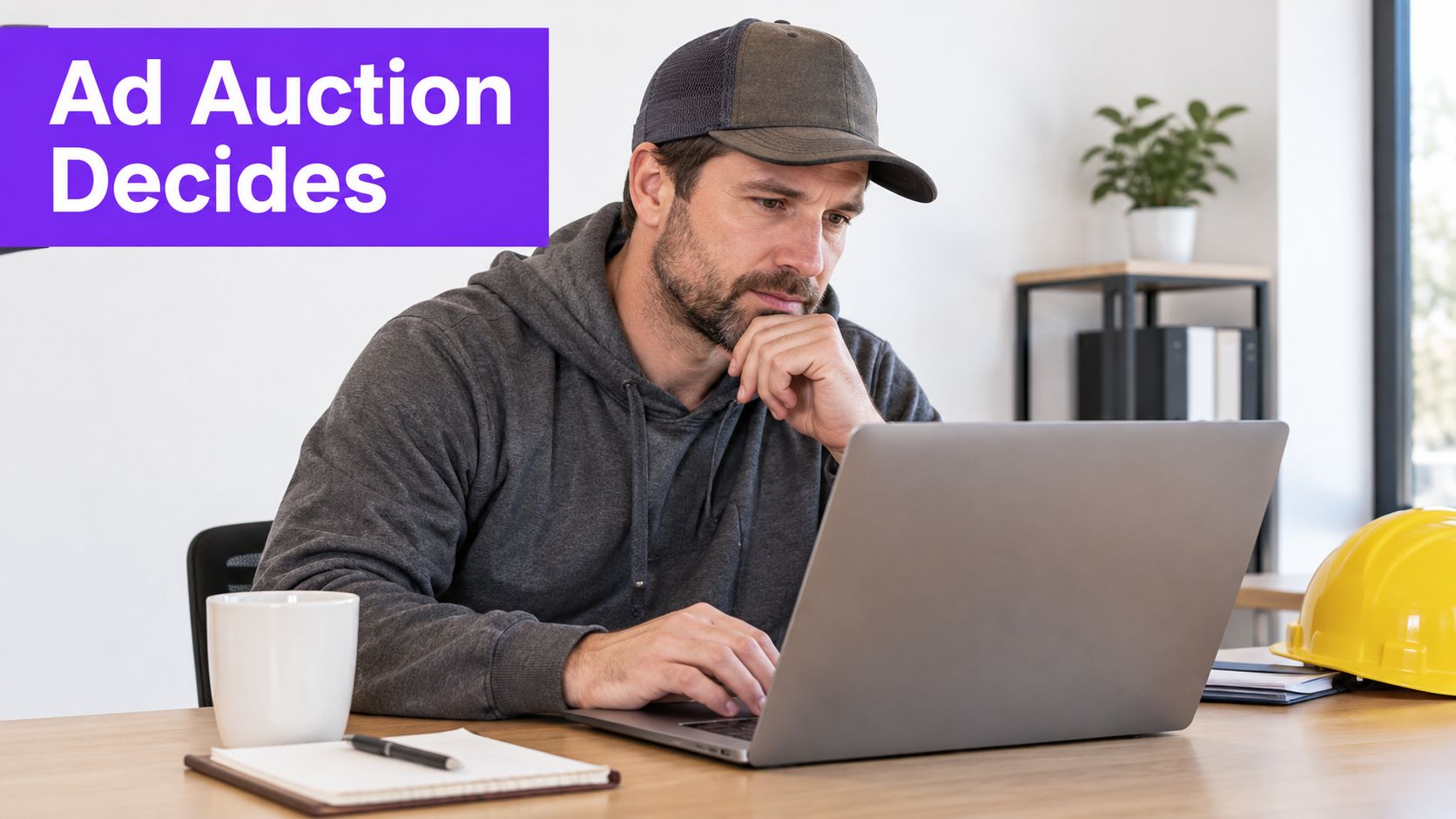 A focused man wearing a cap and hoodie works on a laptop in a bright office environment.