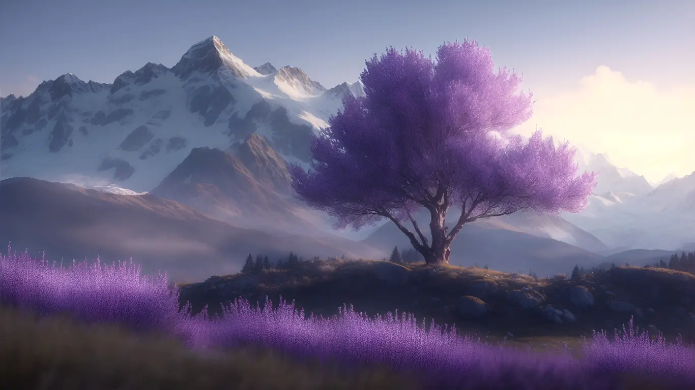 Thumbnail for Witchy Wellness, a mystical purple tree with snowy mountains in the back