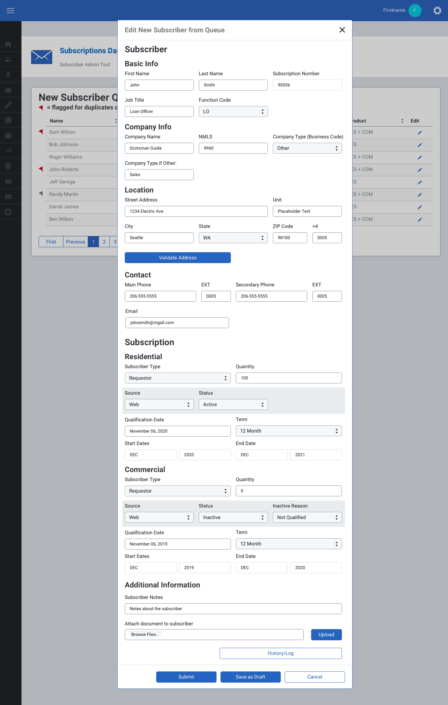 Modal of forms for new subscriber