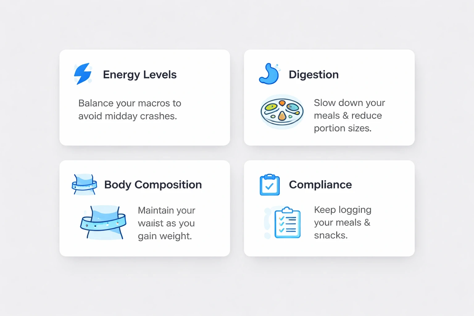 Modern card layout displaying tracking metrics for healthy weight gain on a light gray background with blue accent highlights.