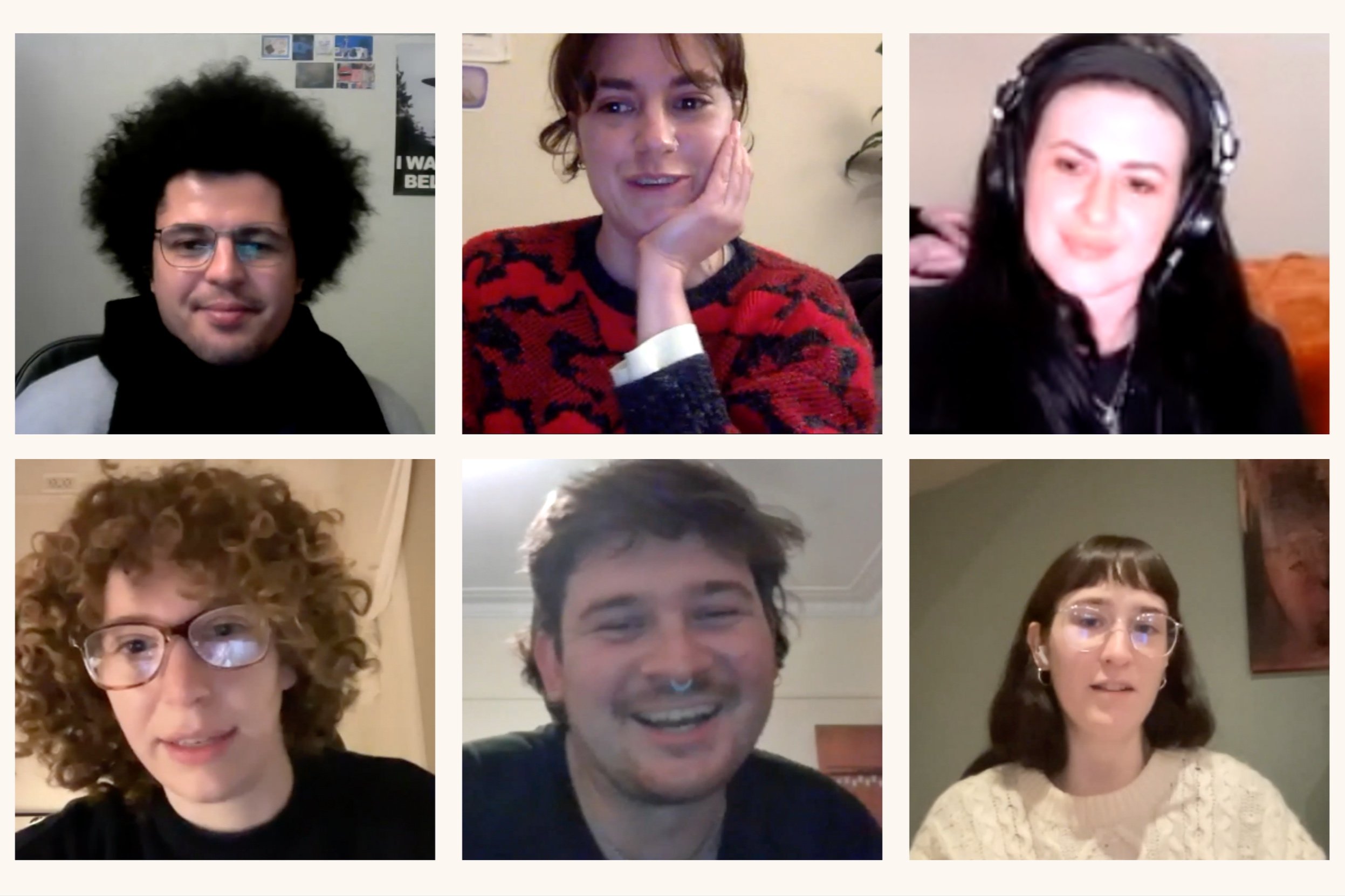 A collage of six portraits showing diverse individuals smiling and engaging in conversation.