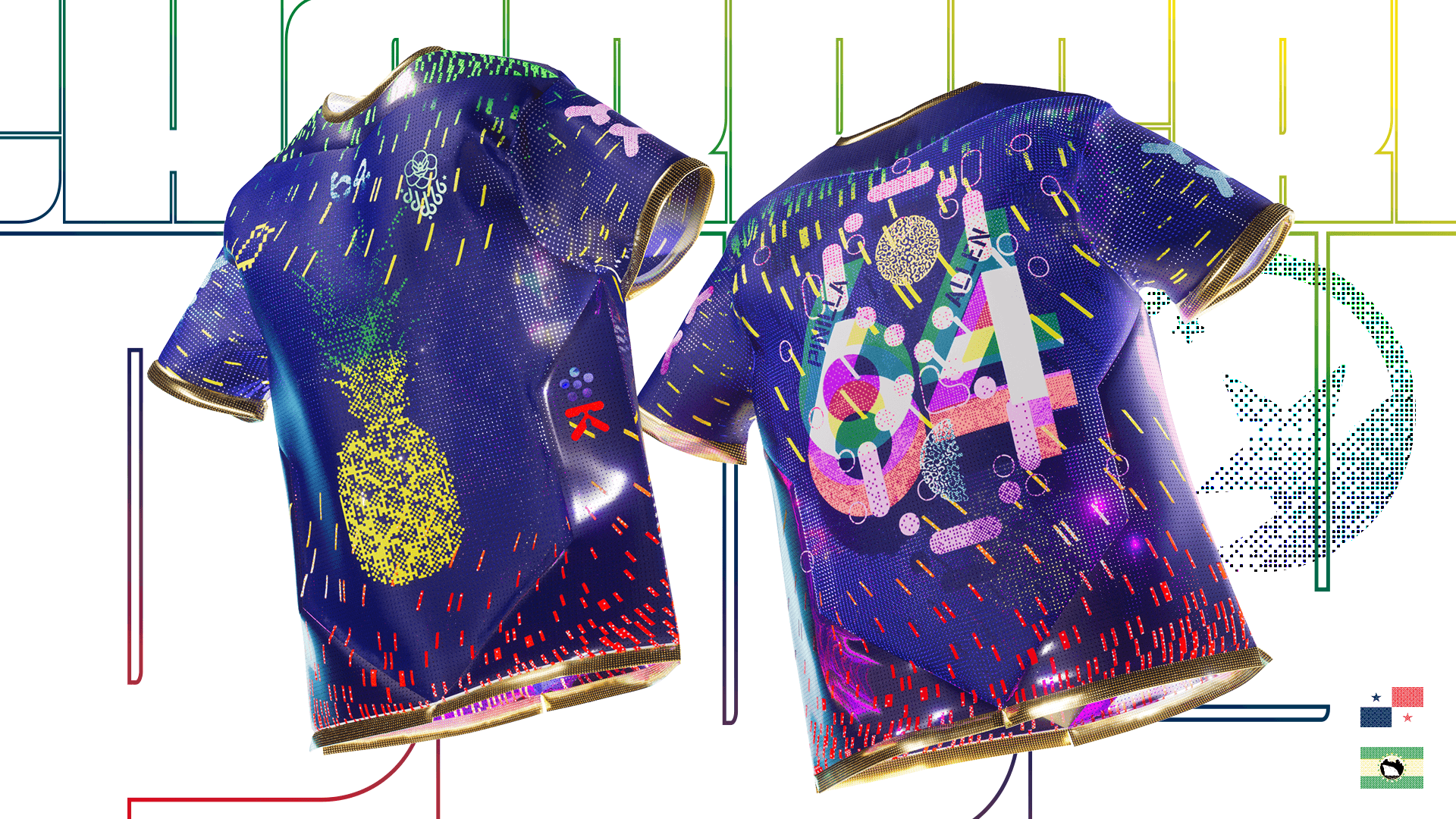 3D rendered front and back view of a vibrant navy blue football jersey featuring a pixel art pineapple design colorful confetti patterns and the number 04 on the back with gold trim accents