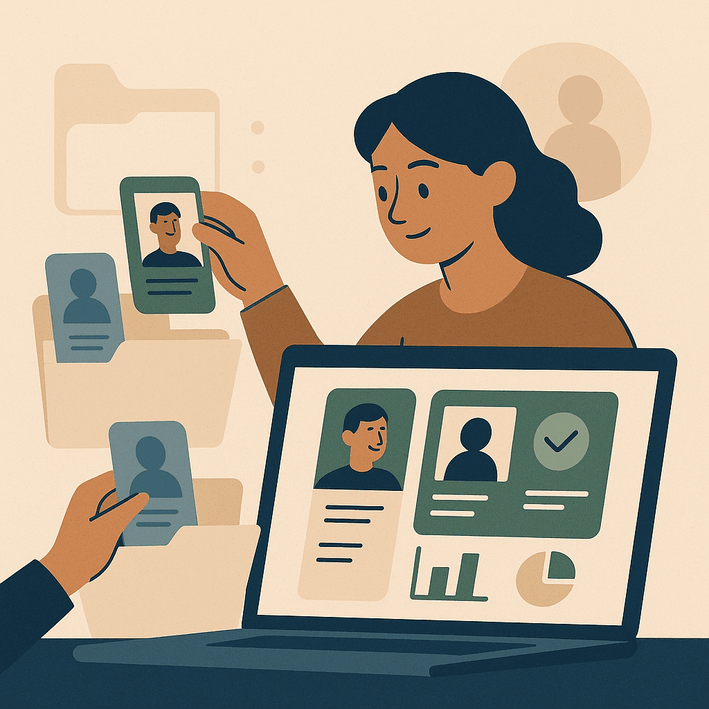 Illustration of a nonprofit worker cleaning up digital donor records, organizing active contacts from outdated ones.