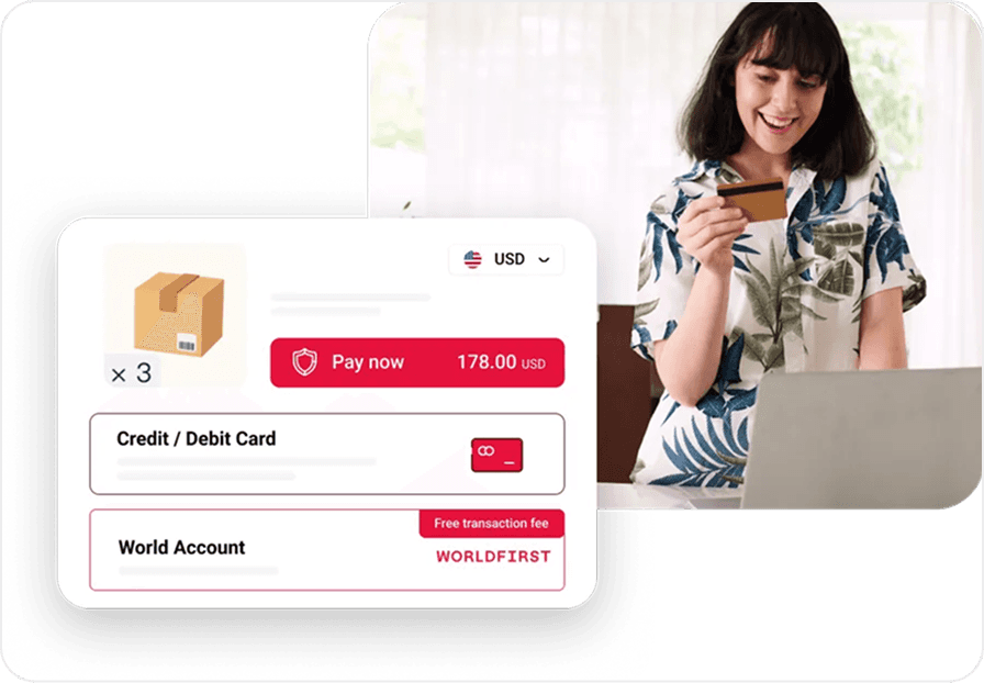 WorldFirst payment interface showing credit card and World Account options