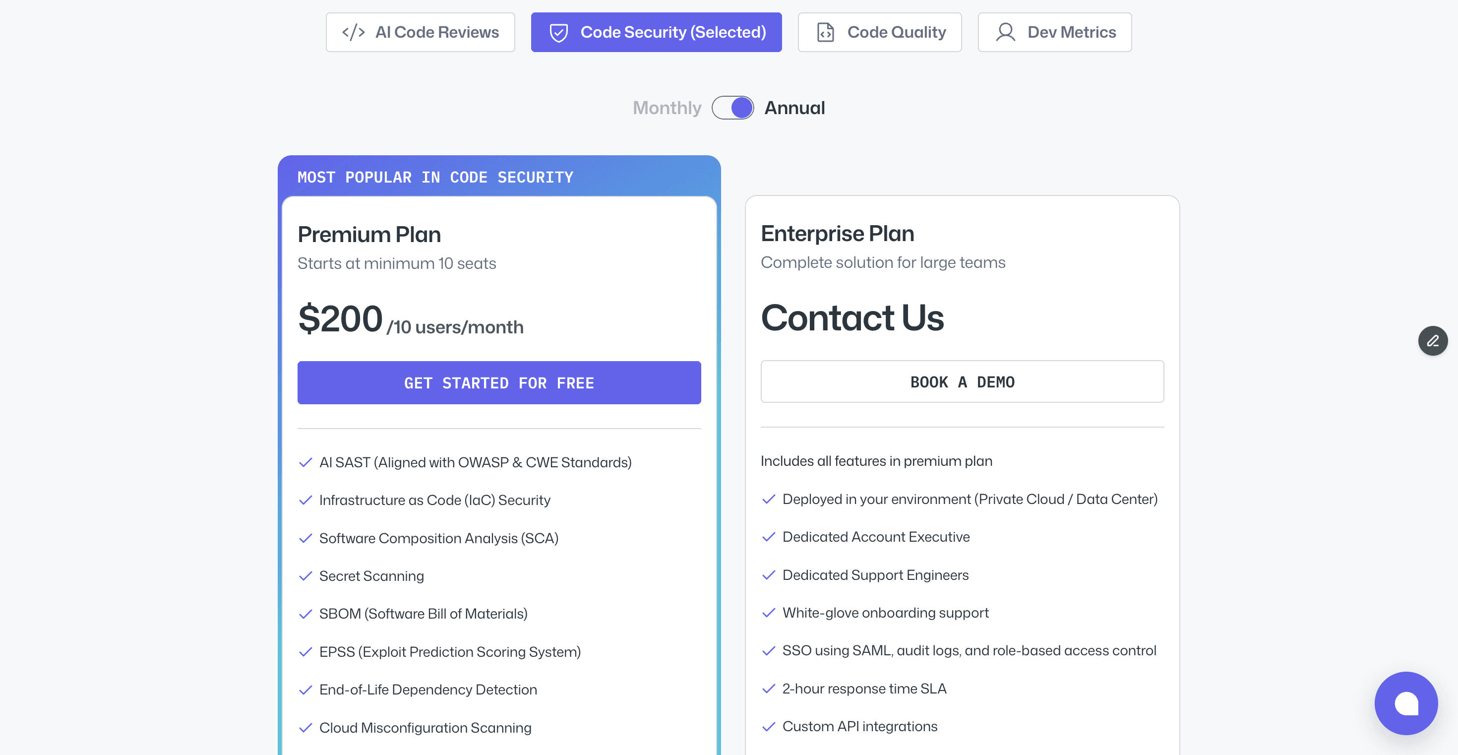 codeant ai code security pricing page.