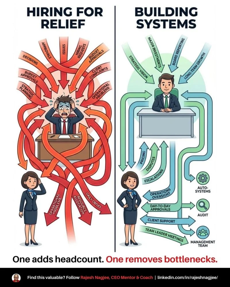 Hiring for Relief vs Building Systems: hiring adds headcount but keeps all decisions routing to an overwhelmed CEO; building systems installs a management layer that handles operations, approvals, and client support — freeing the CEO for strategy. — Rajesh Nagjee