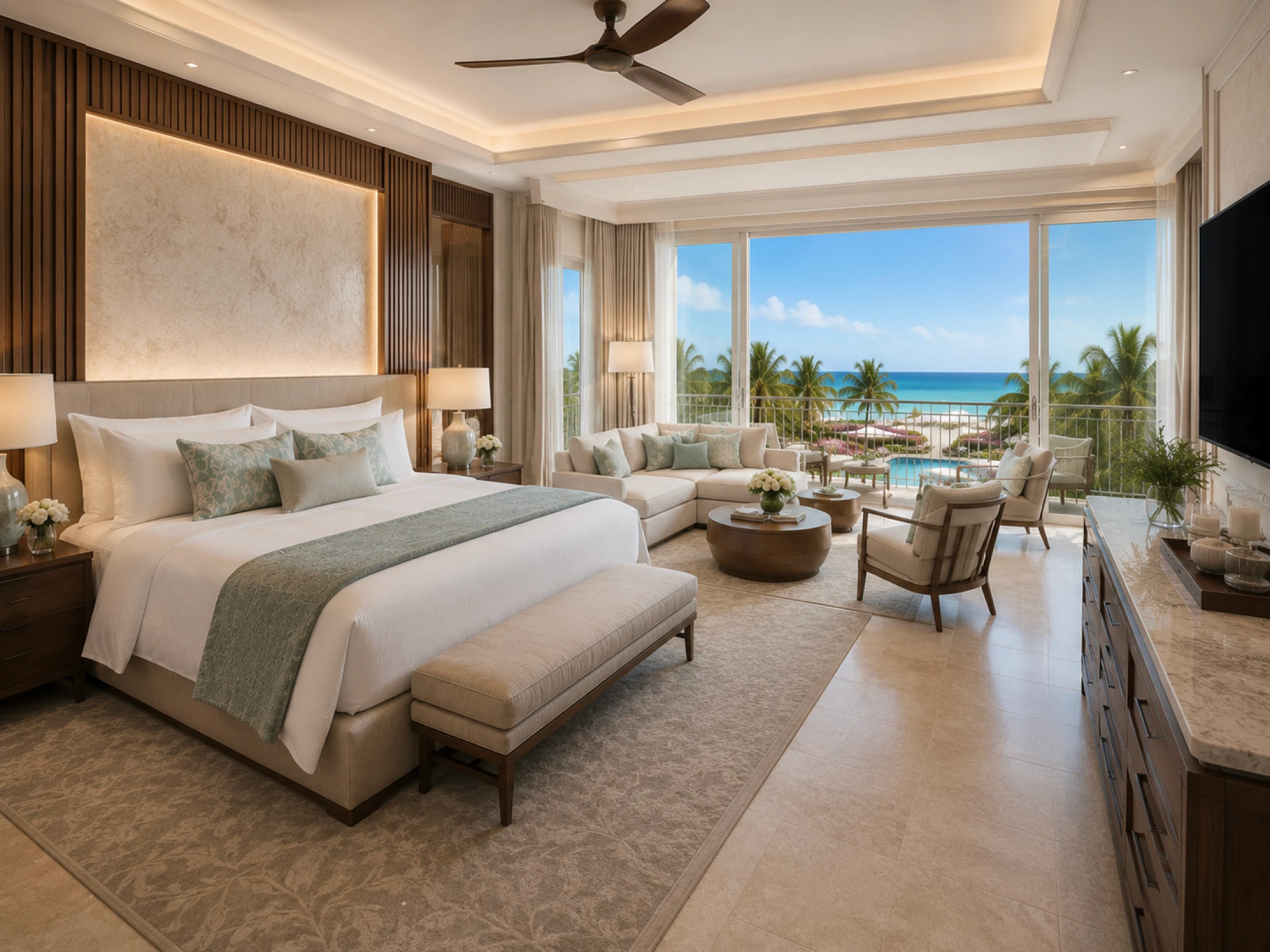 Suíte ampla de hotel com cama de casal, área de estar, varanda e vista para o mar e a piscina.