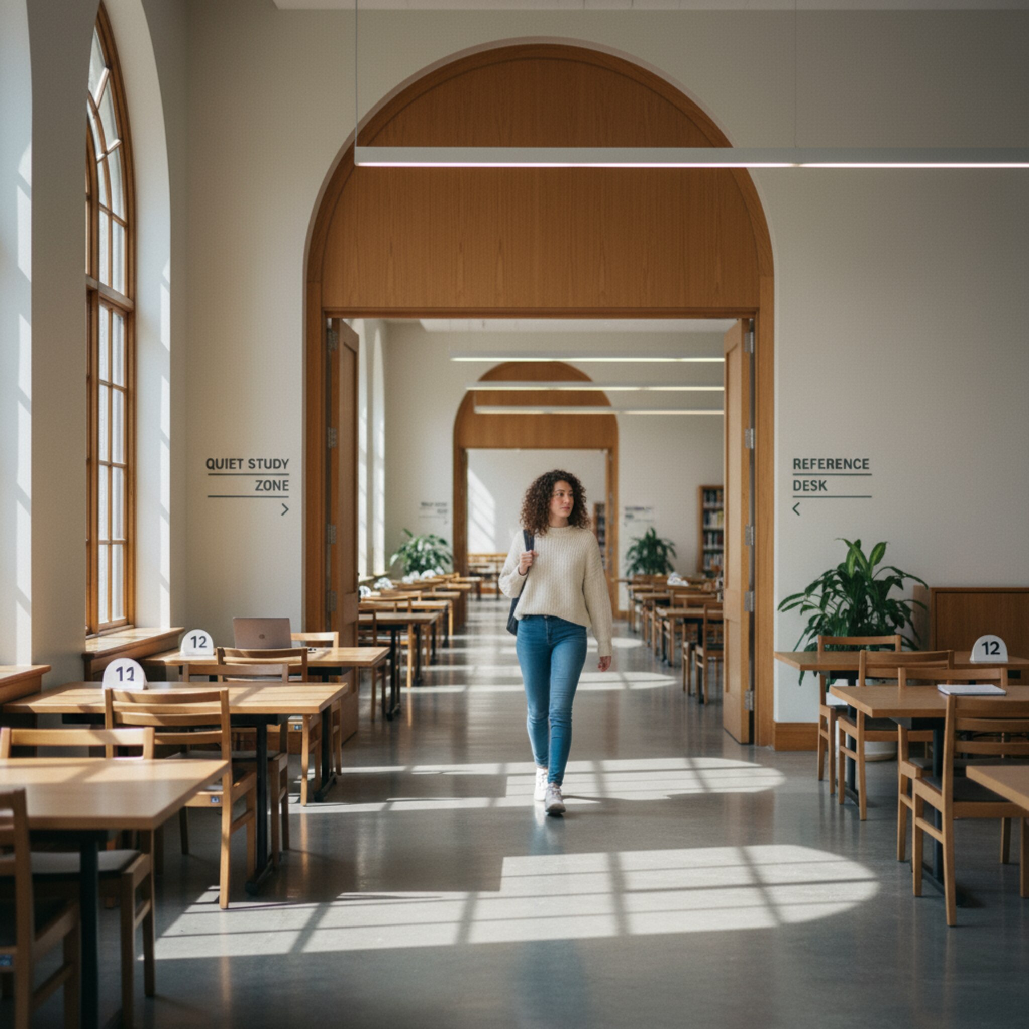 A quiet study area with clearly numbered tables opens up behind a wide door. Unobtrusive signs guide you along a corridor to different zones. Sunlight casts bright rectangles on the floor, with chairs precisely aligned. A person briefly gets their bearings and quickly finds a suitable spot.