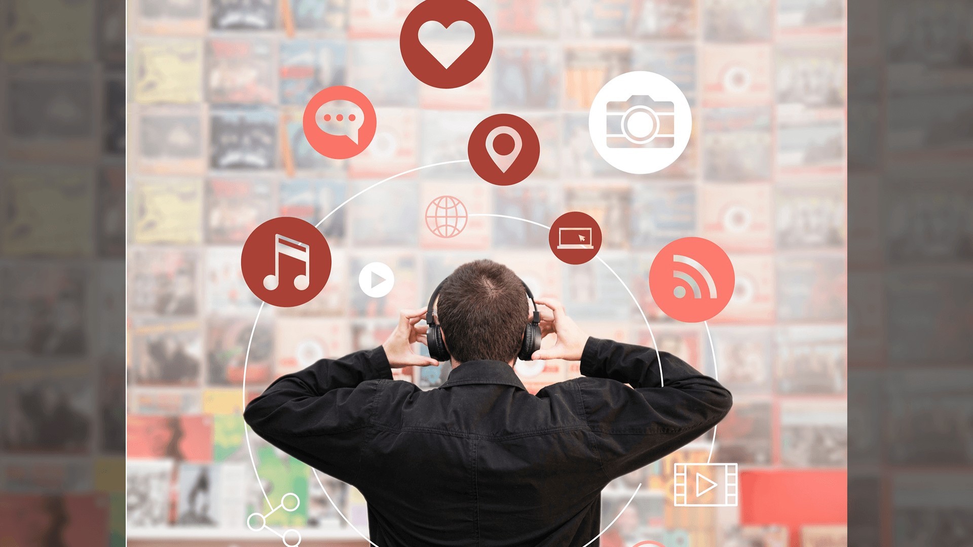 This image illustrates a man surrounded by social media logos, symbolising dynamic consumer interests within robust social tools.