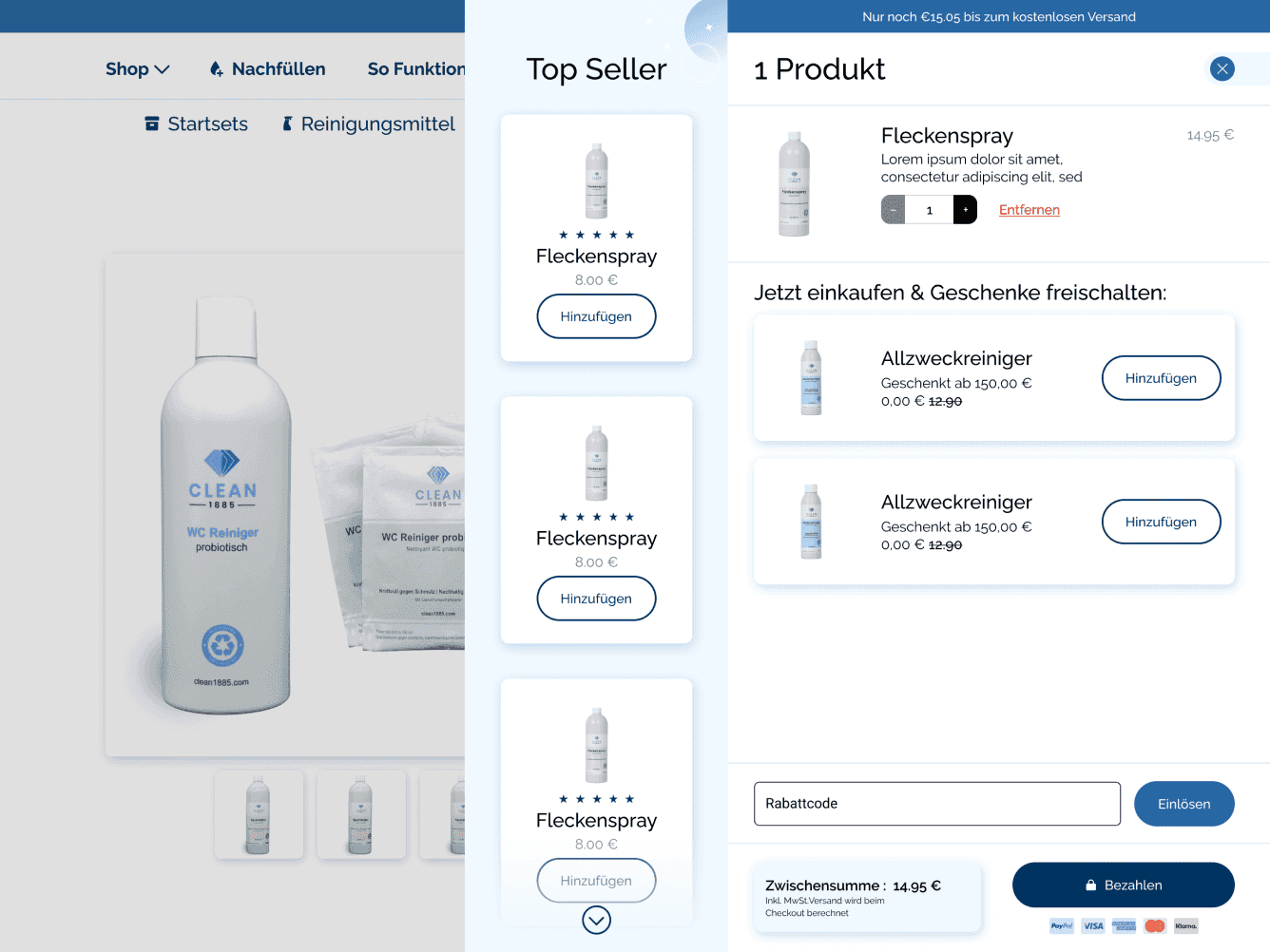 Clean 1885 checkout sidebar showing a Fleckenspray product, upsell items for Allzweckreiniger, a discount code input field, and a Bezahlen button