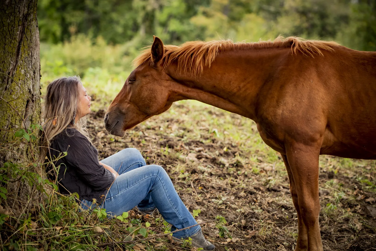 Daya seduta accanto a un albero, in un momento di vicinanza con un cavallo