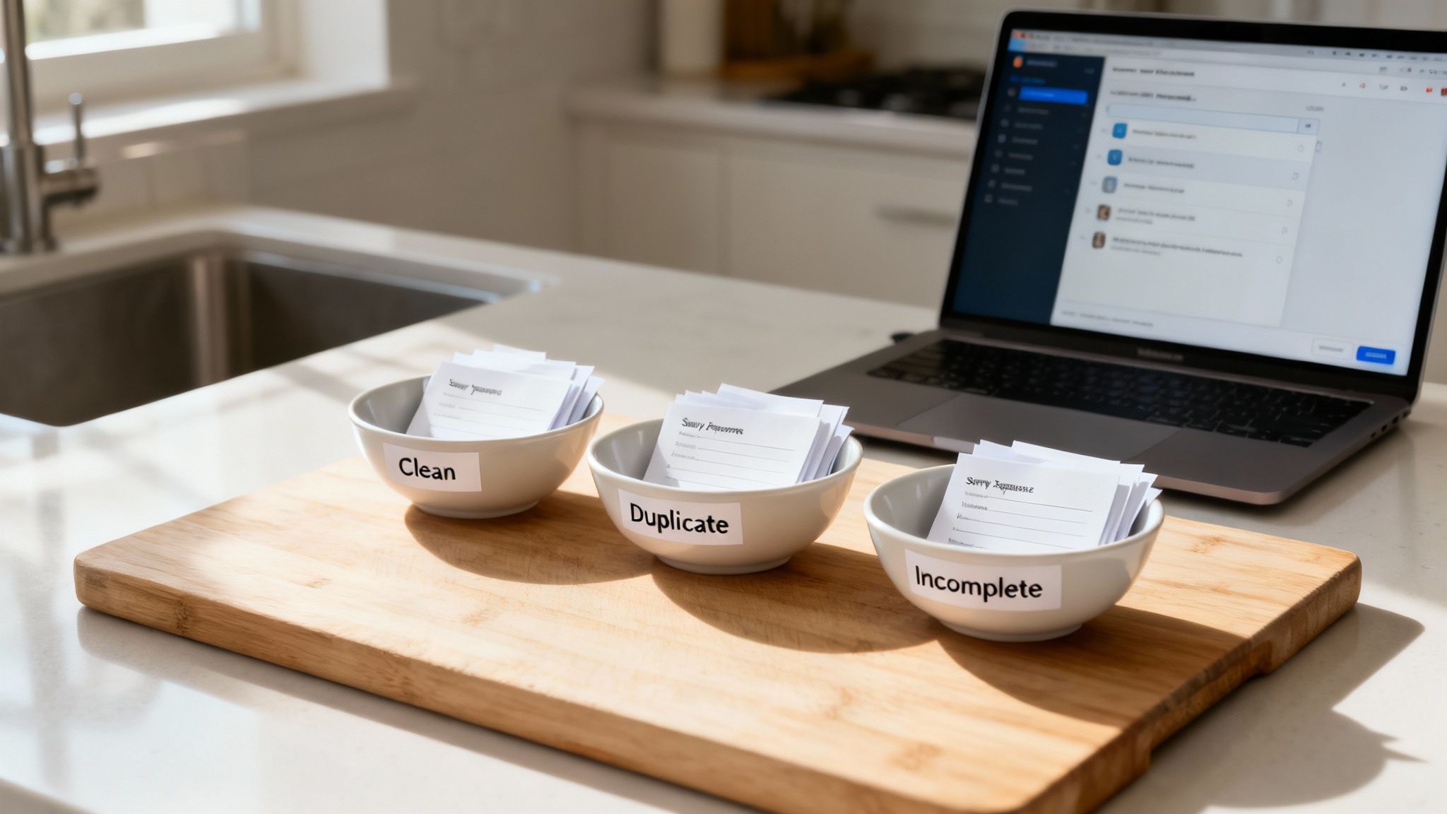 Three bowls labeled 'Clean', 'Duplicate', 'Incomplete' on a cutting board, sorting survey data next to a laptop.