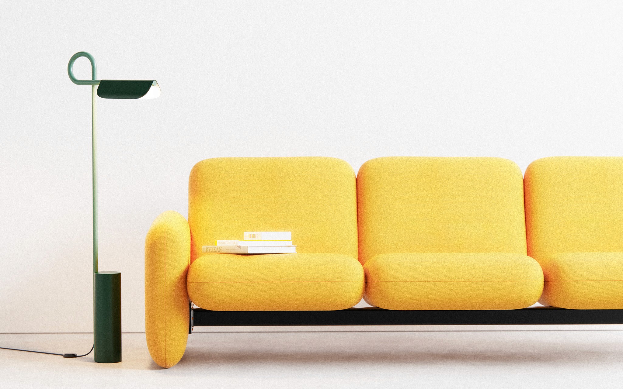Loops Floor Lamp in sage green styled in a modern living room with yellow sofa, designed by noknok Studio