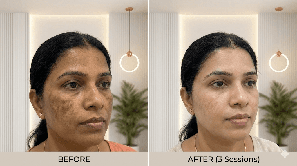Before and after comparison focusing on the reduction of melasma patches on the cheeks