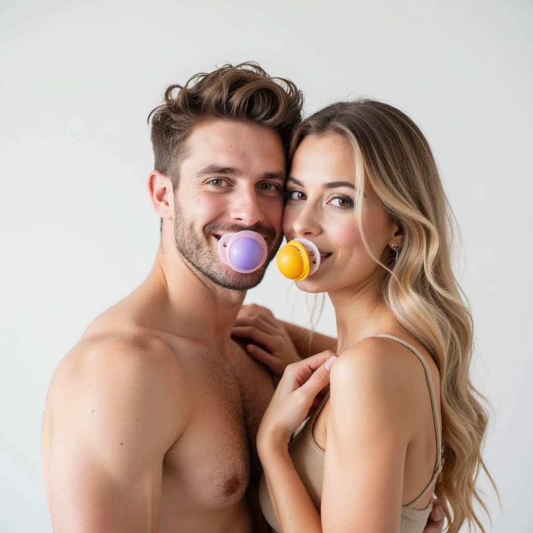 ein glückliches paar, ohne klamotten, beide haben einen schnuller im mund