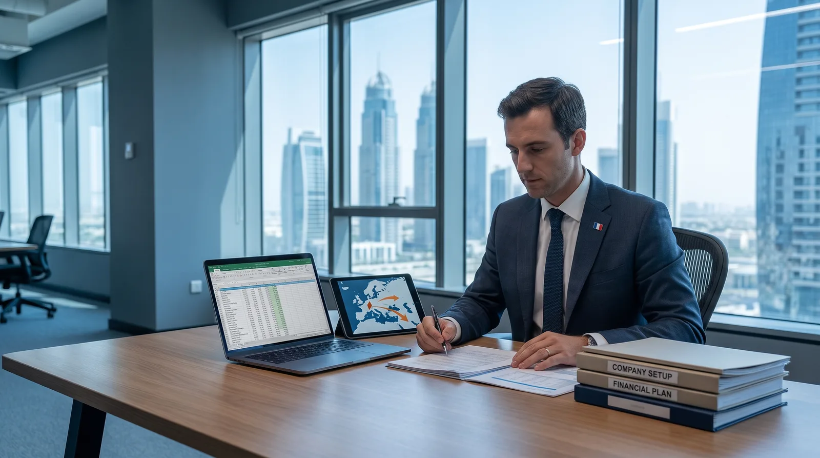 French founder reviewing trade and shipping plans near Dubai port containers