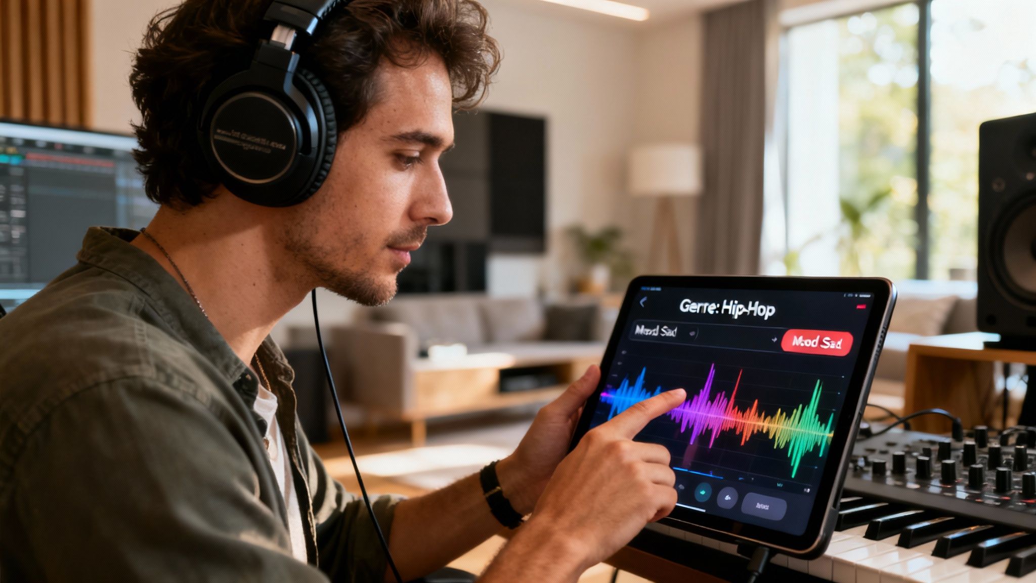A music producer adjusting levels on a digital audio workstation, with vibrant sound waves displayed on the screen, representing AI beat creation.