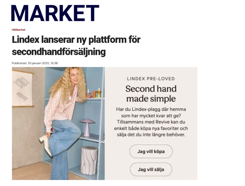 Revive Retail - Publicerat om oss- 20 Januari 2025. Lindex introducerar en ny plattform för seconhandförsäljning, Market.se , Secondhand / Pre-loved / Varumärke