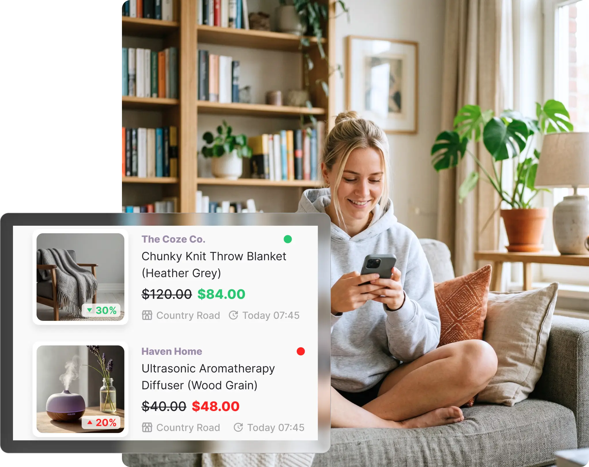 Whisprice smart wishlist showing tracked Country Road products including a Chunky Knit Throw Blanket (Heather Grey) with a 30% price drop to $84.00 and an Ultrasonic Aromatherapy Diffuser (Wood Grain) with a 20% price increase to $48.00.