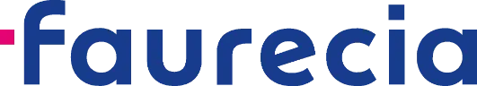 Logo de Faurecia en lettres bleues sur fond noir, avec un carré rose vif à gauche, symbolisant un partenariat pour la.