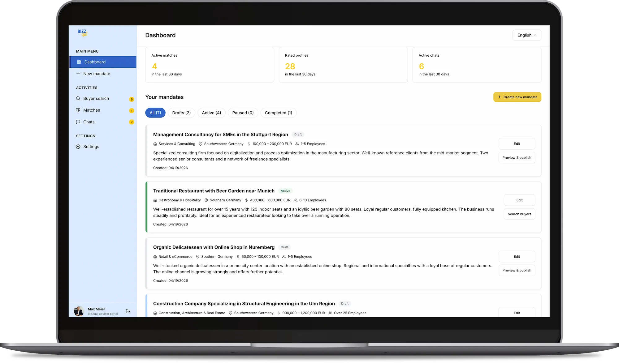 BIZZqui advisor portal on laptop: manage succession mandates and find suitable buyers for business succession