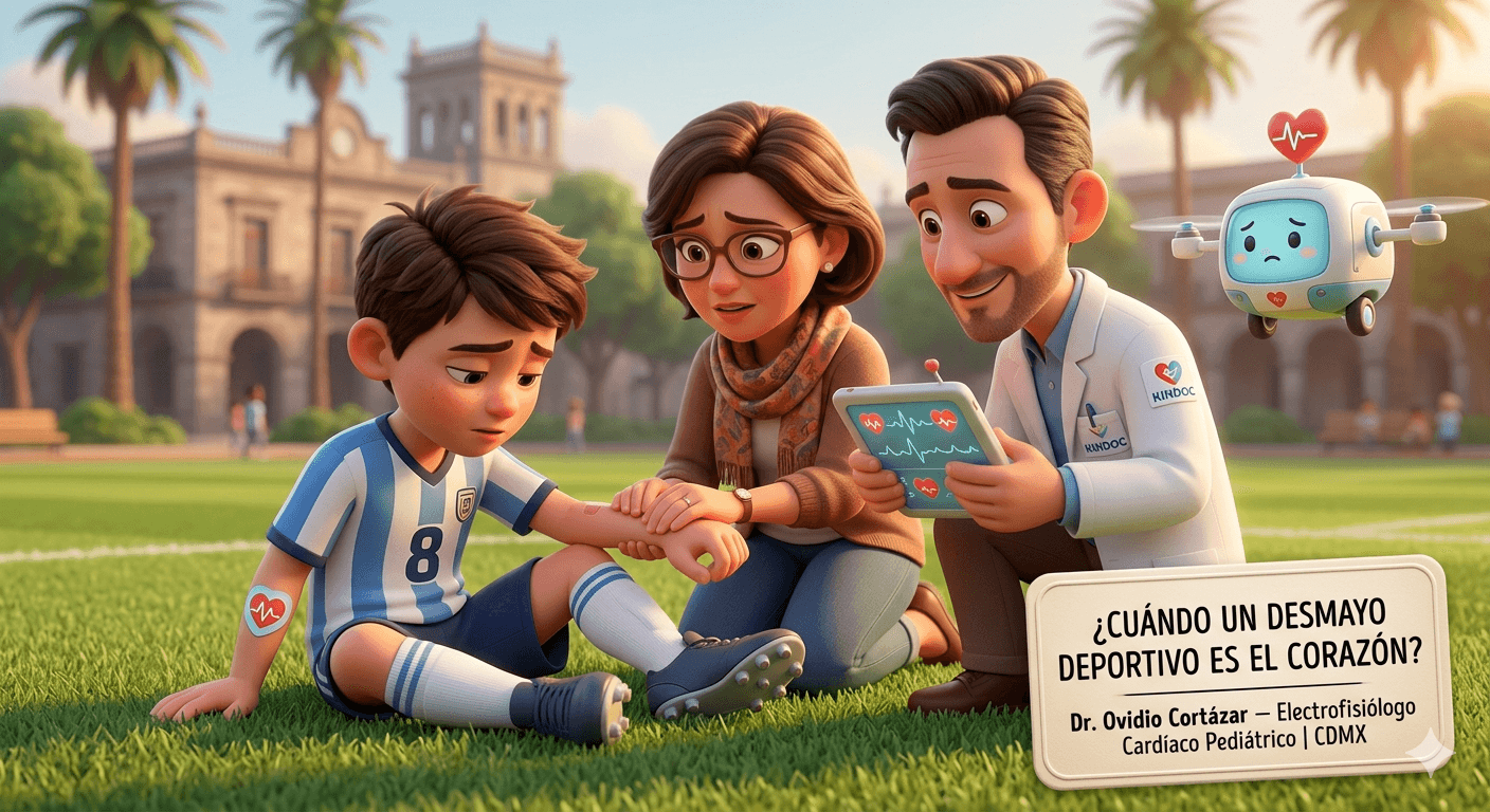 lustración estilo animación 3D de un niño futbolista siendo asistido en la cancha por su madre y un electrofisiólogo cardíaco pediátrico con un monitor de ritmo cardíaco. Incluye texto sobre desmayos deportivos y el Dr. Ovidio Cortazar.