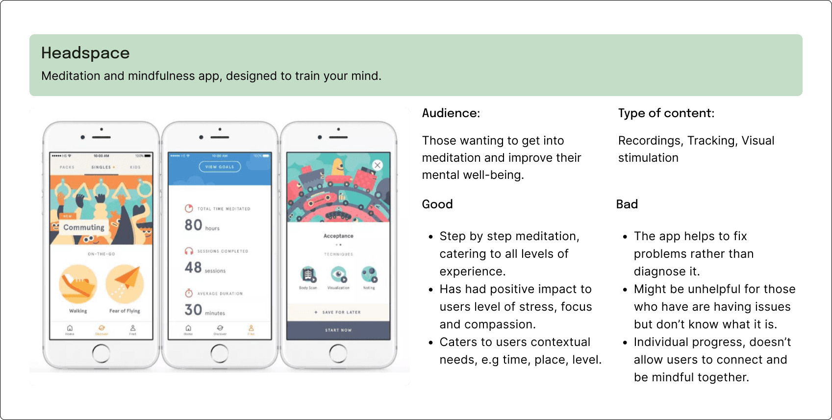 Headspace competitor analysis stating audience, type of content, good points and bad points