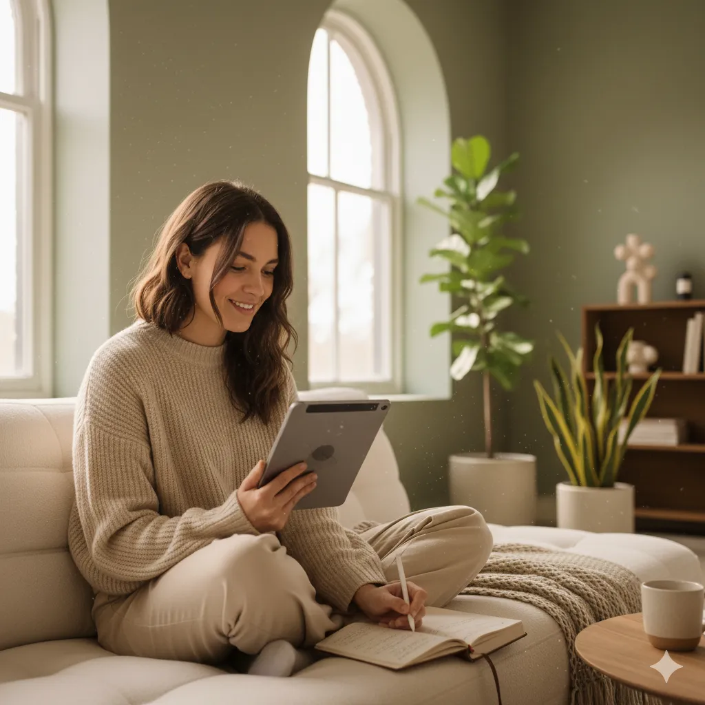 Woman sitting on a couch writing in a notebook