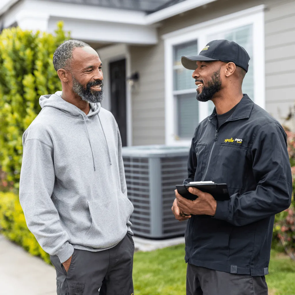 HVAC Pro tech talking to homeowner