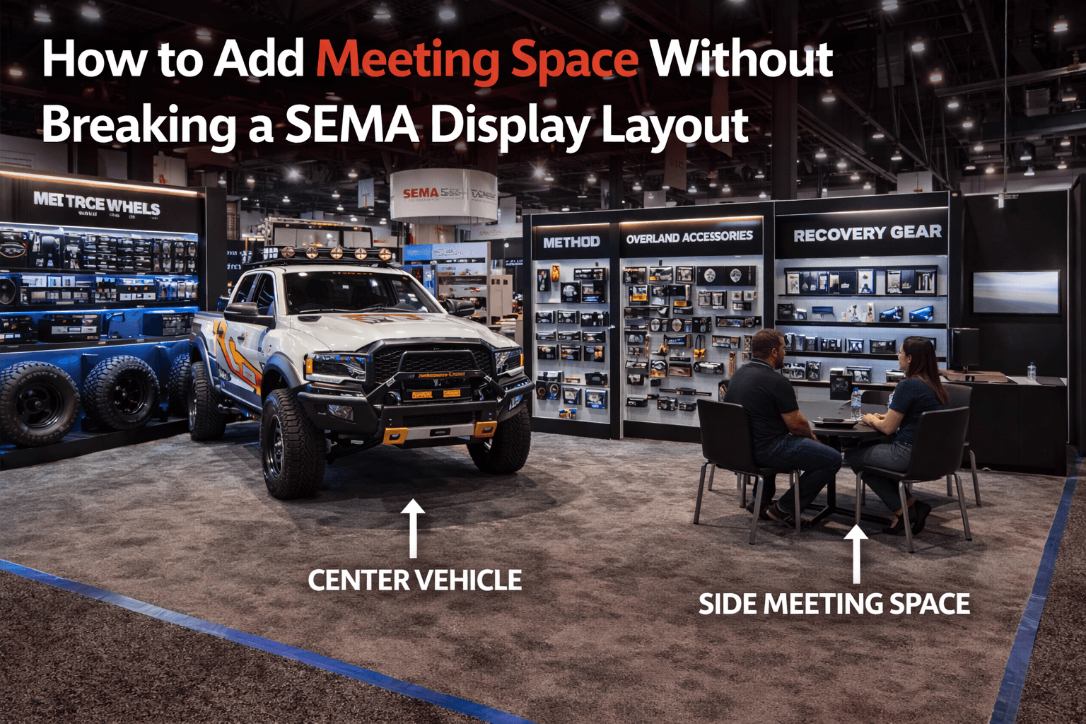 SEMA booth in Las Vegas with a center vehicle display, side meeting corner, product walls, and open circulation that keeps the meeting area secondary to the main display