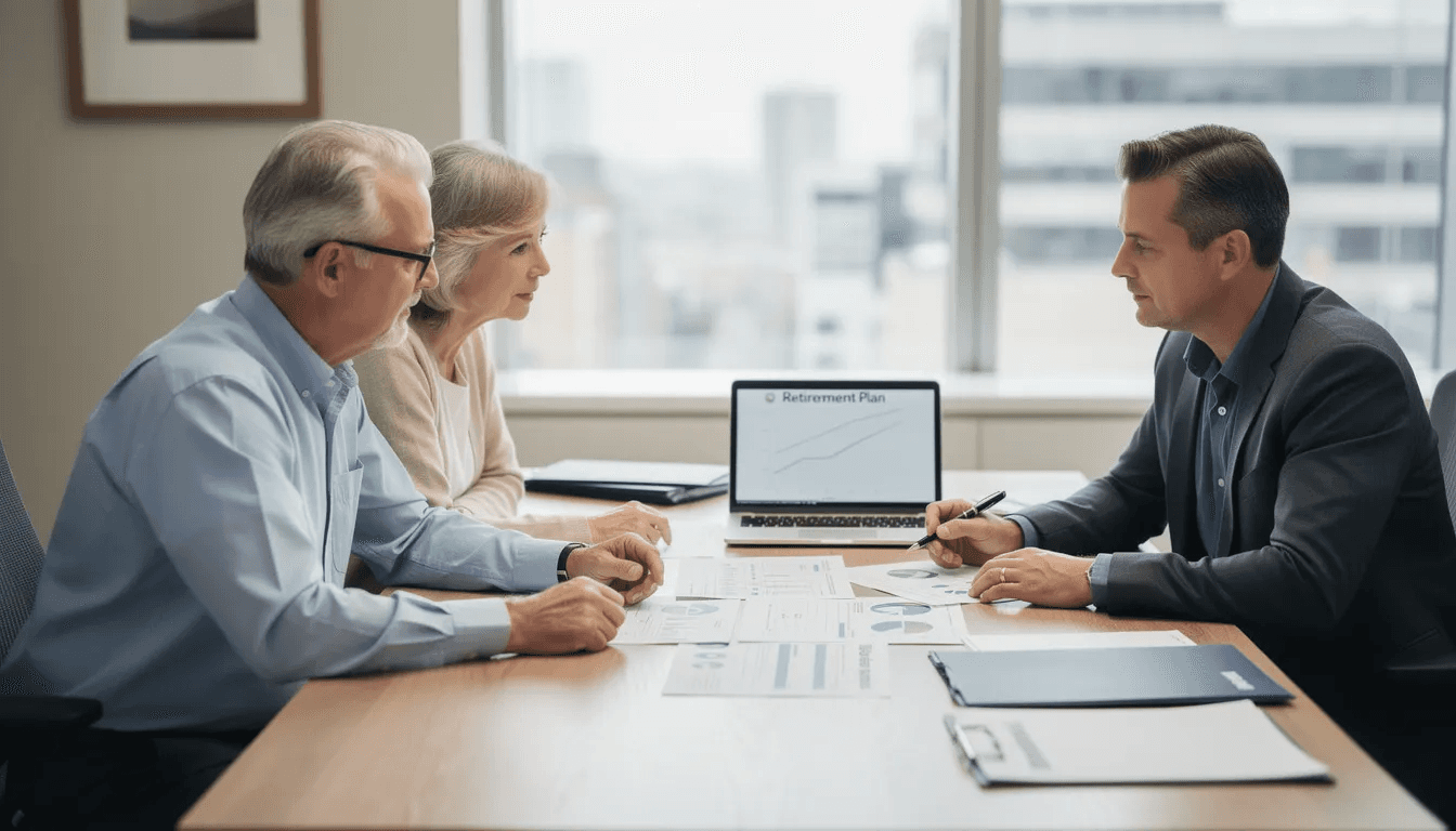 An older couple sits at a desk with a financial advisor, reviewing important estate planning documents, including a living trust and a will. The scene highlights the couple's focus on managing their financial assets and discussing the key differences between a living trust and a will to ensure their final wishes are met and to avoid the probate process.