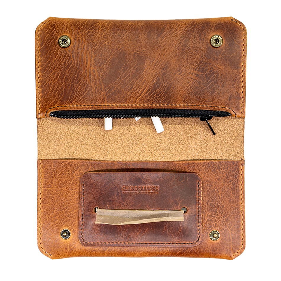 Crosstitch Leather craftsman hand-stitching a wallet in workshop