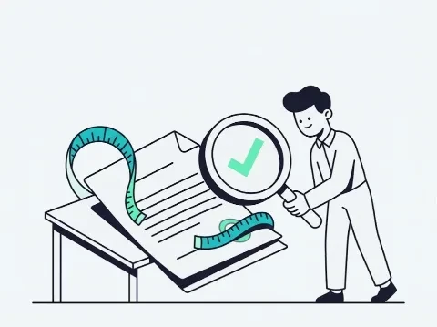 Illustration of a person checking a document with a magnifying glass and a measuring tape