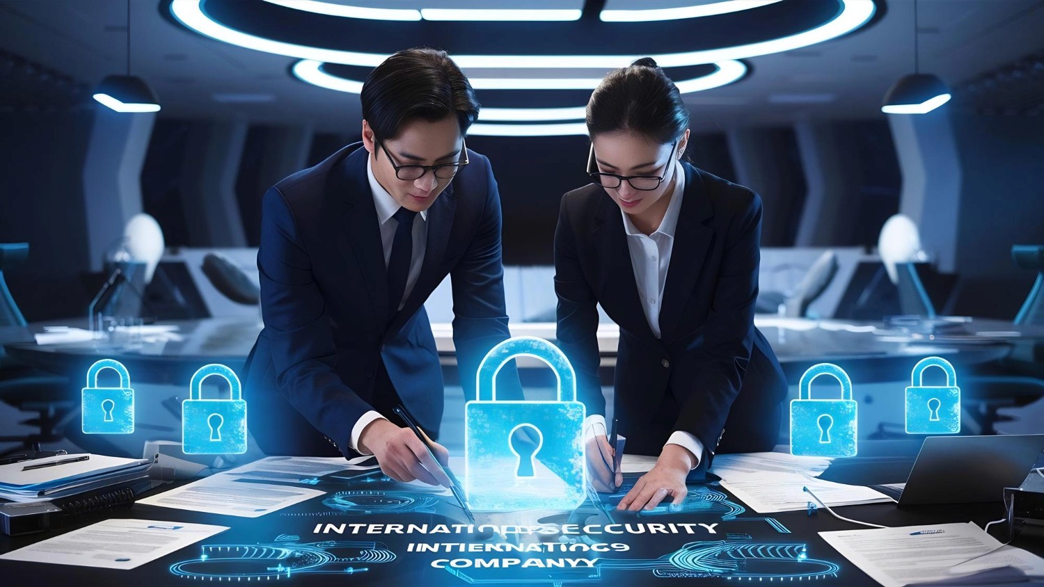 專業保險顧問在科技辦公室分析網絡安全方案，藍色發光鎖頭圖標展示企業數據防護。