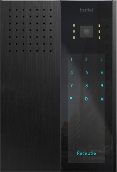 Black smart home device with screen showing time and temp