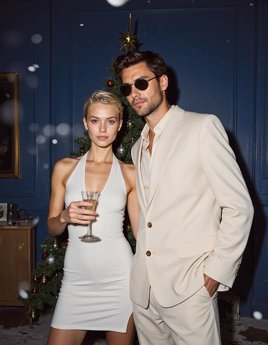Stylish couple in white formal attire at Christmas party with decorated tree and navy blue background