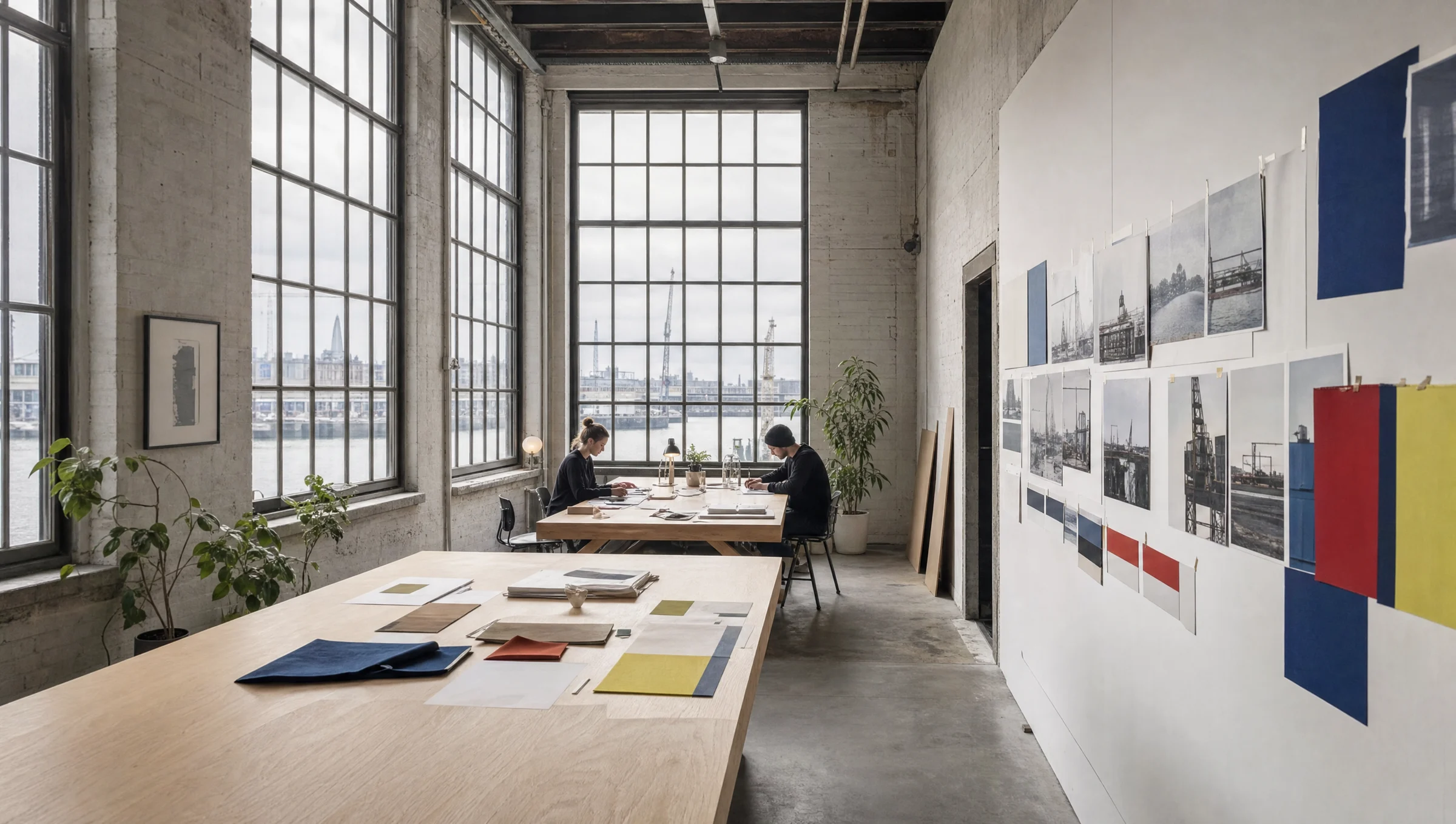 The Kade studio in a converted rope factory, with long oak tables and harbour windows