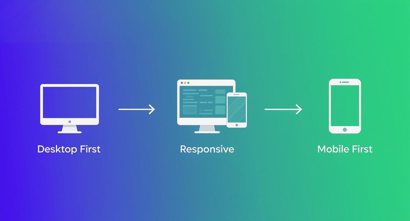 An illustration showing the evolution of web design approaches from desktop first to responsive to mobile first.