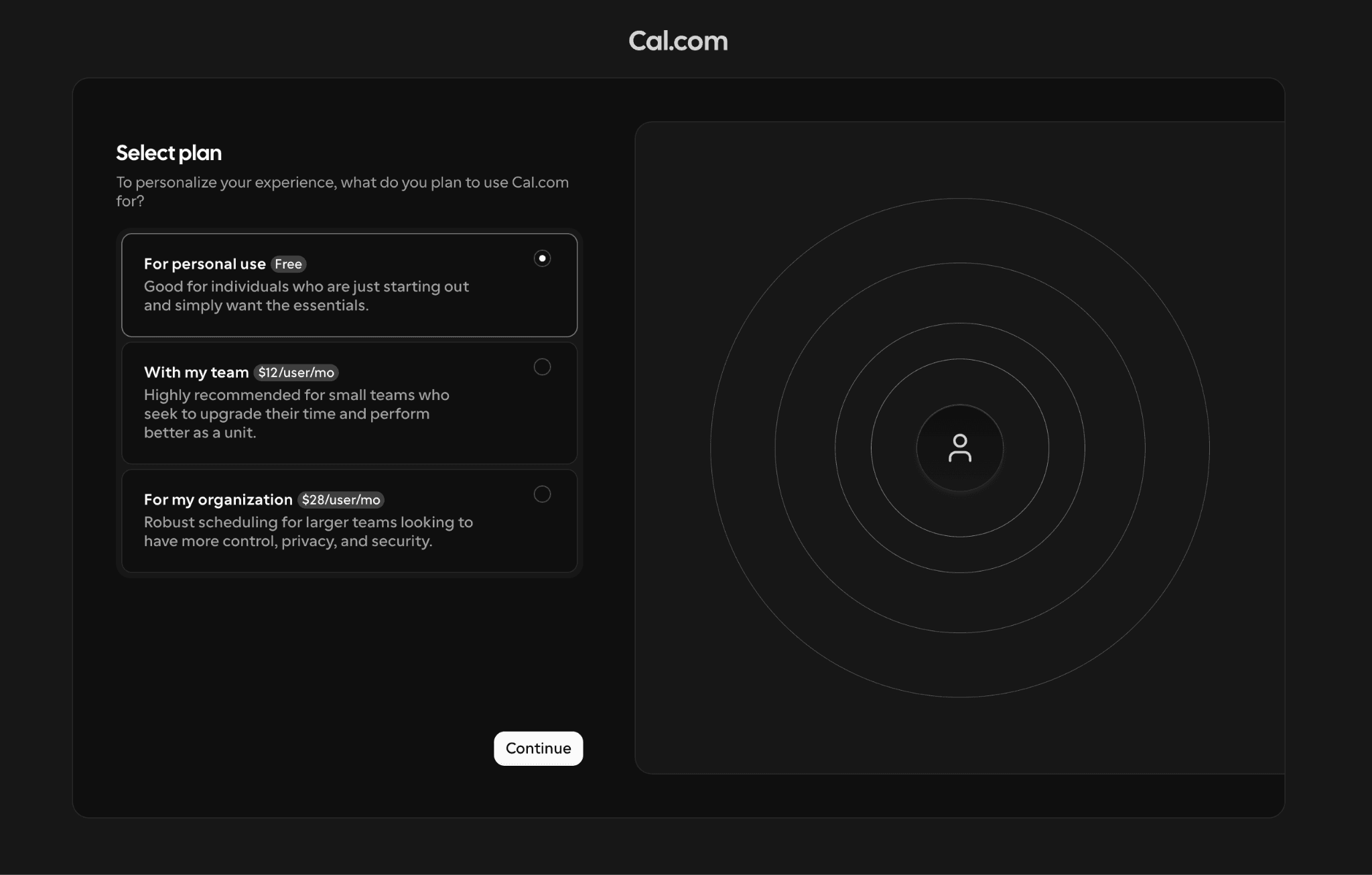 Cal.com plan picker