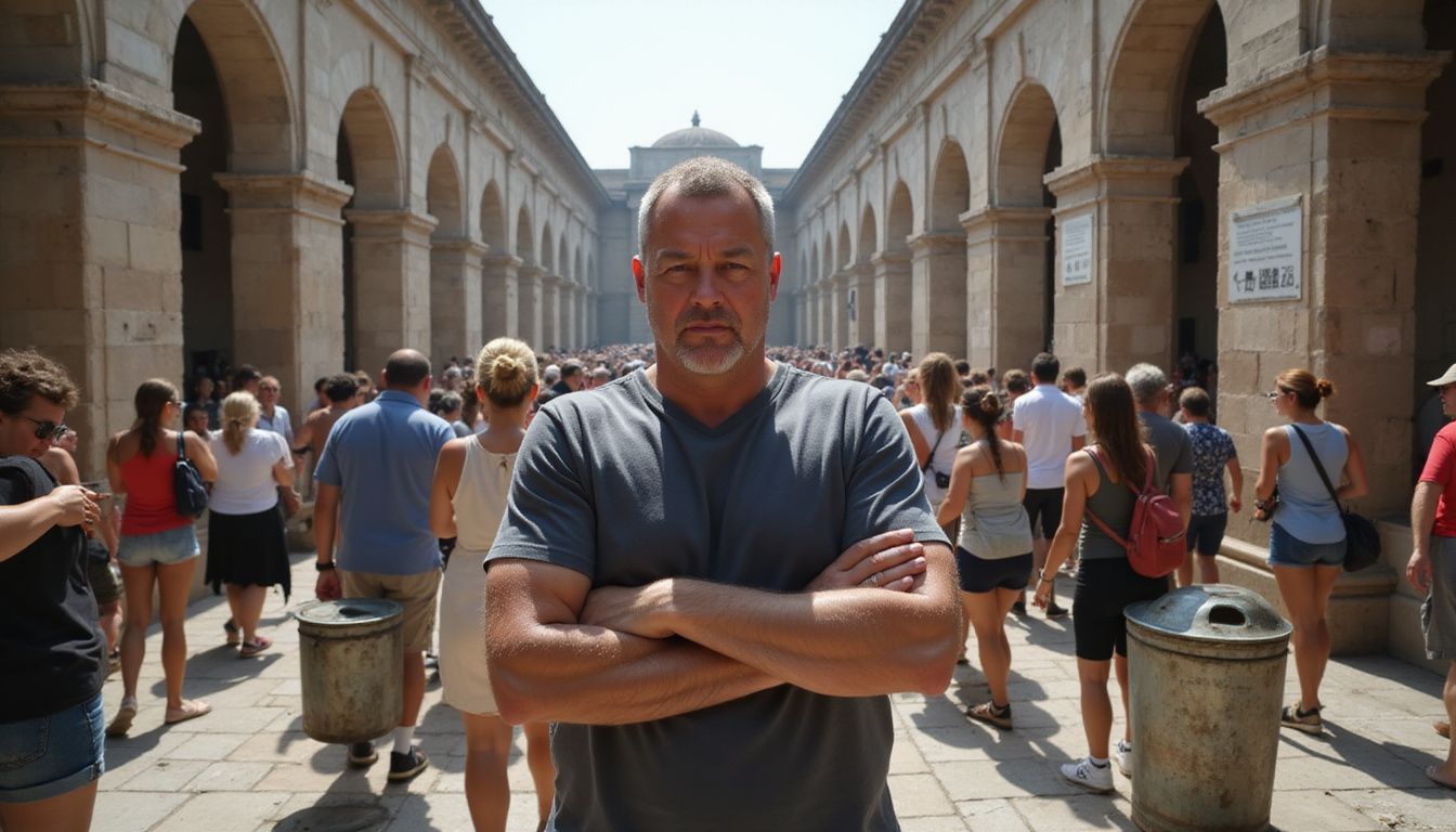 A crowded tourist landmark bustling with exhausted visitors in summer heat.