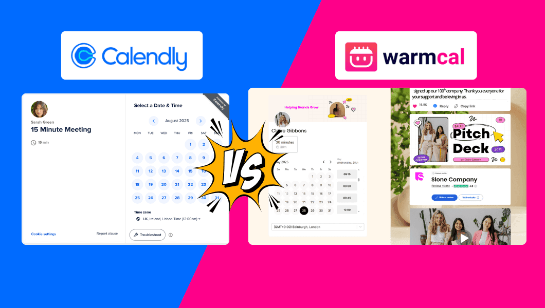 Side-by-side comparison of Calendly vs Warmcal booking pages, showing basic vs personalized layouts