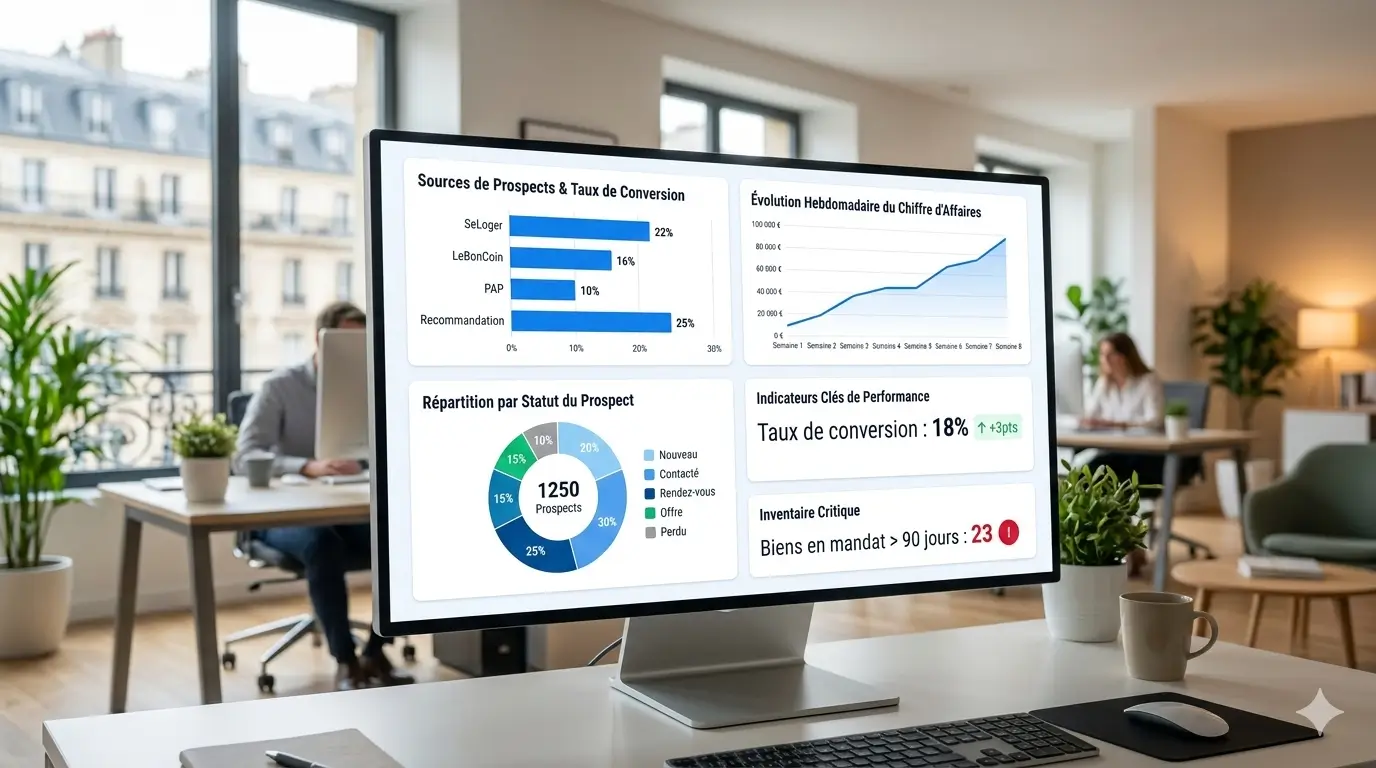 Dashboard de pilotage d'agence immobilière avec KPIs, taux de conversion et analyse des sources de leads