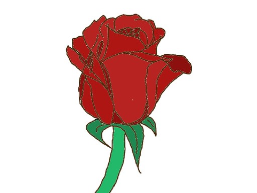 A red rose bud in flat color with thin outlines and a green stem, rose drawing by phantom-cinder-qcz