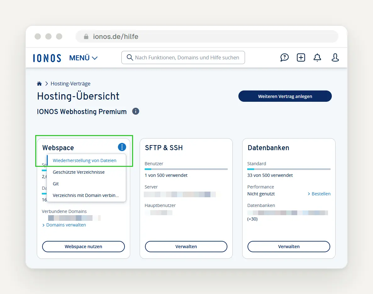 IONOS Hosting Overview: The three-dot menu on the "Webspace" tile with the "Restore Files" option