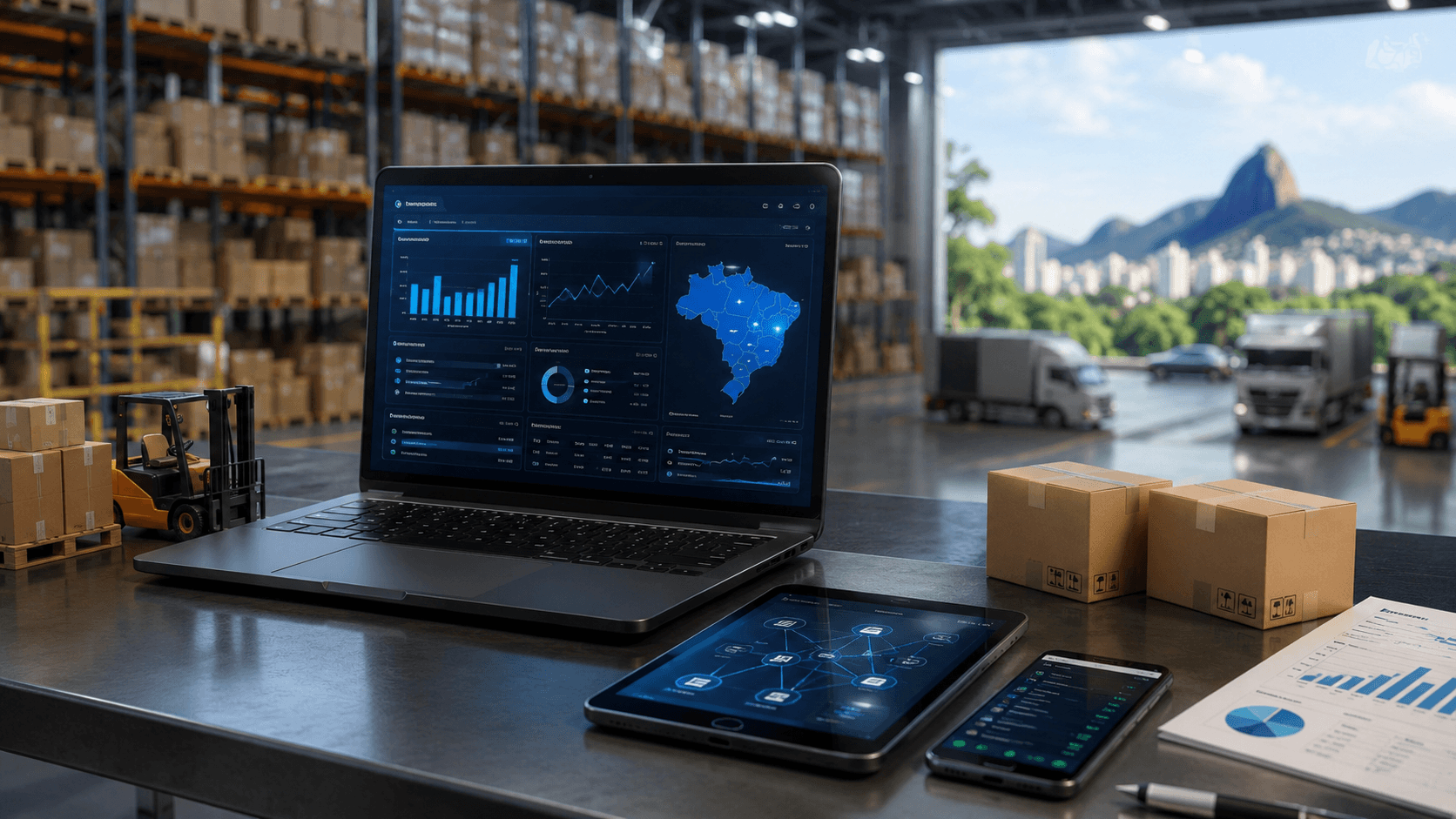 Dashboard logístico integrado em um centro de distribuição moderno, com notebook exibindo indicadores operacionais, mapa do Brasil e dados de expansão, cercado por caixas, empilhadeira e caminhões ao fundo em ambiente industrial 3D realista.