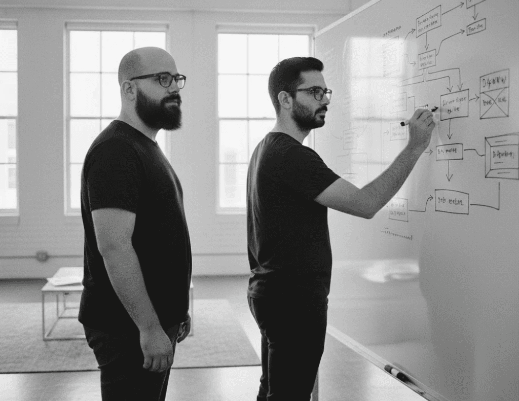 Team of three employees having a meeting at a table in a bright modern office.