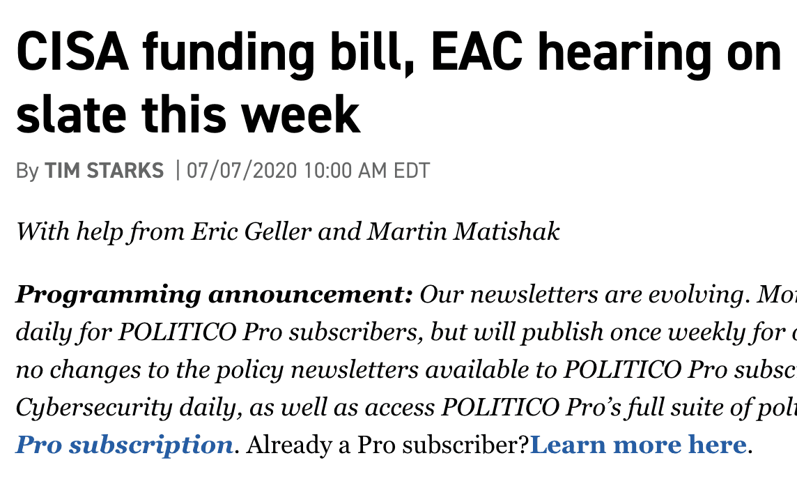 Politico: CISA funding bill