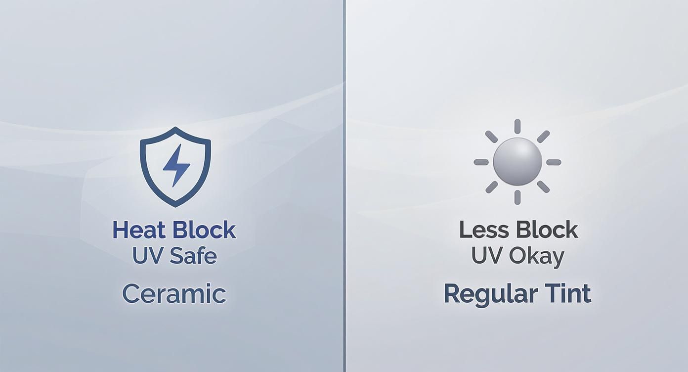 A graphic comparing ceramic tint offering heat block and UV safe features against regular tint with less block and UV okay.